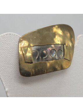 Vtg Brutalist Hammered Mixed Metal Pin Brooch With Abstract Design Window